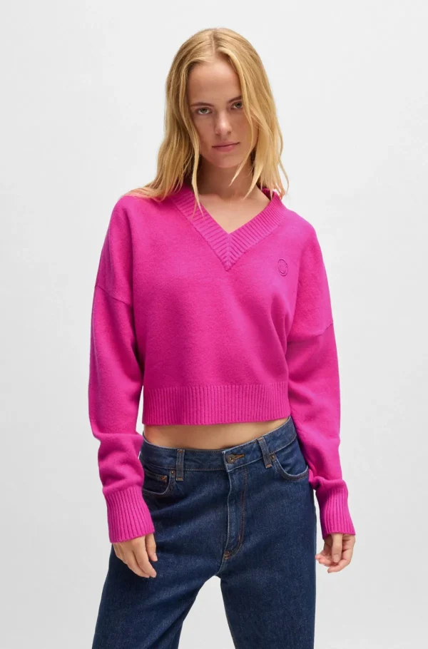 HUGO BOSS Afkortet Sweater Med Relaxed Fit Og Happy HUGO Logo Pink Outlet