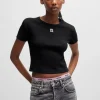 HUGO BOSS Afkortet T-shirt I Bomuldsblanding Med Slim Fit Og Stablet Logo Sort Flash Sale