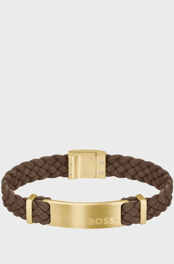 HUGO BOSS Armbånd I t Flettet Ruskind Med Logoplade Brun New