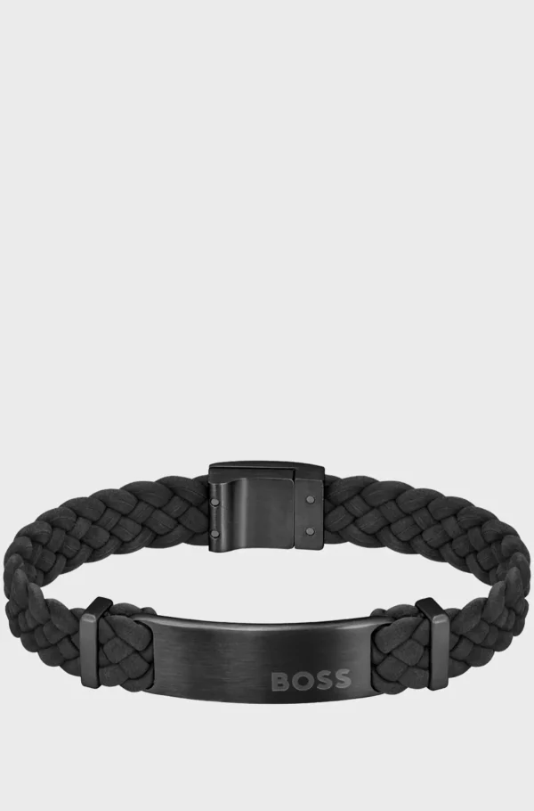 HUGO BOSS Armbånd I Flettet Ruskind Med Logoplade Sort New