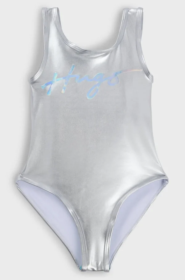 HUGO BOSS Badedragt Med Spejleffekt Og Metallisk Logo Til Børn Sølv Hot