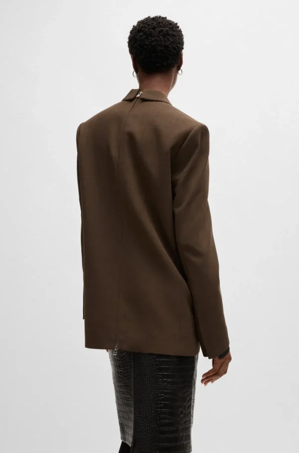 HUGO BOSS Blazer Med Lynlås I Ryggen I Meleret Ny Uld Brun Fashion