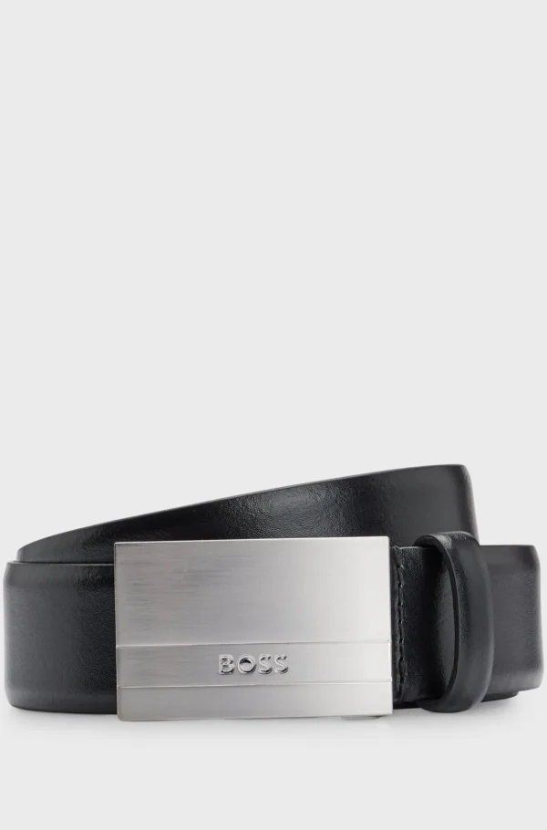 HUGO BOSS Bælte I Italiensk Læder Med Logo-pladespænde Sort Fashion
