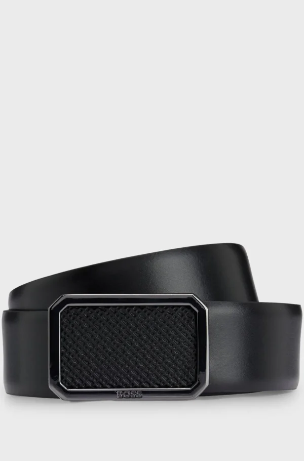 HUGO BOSS Bælte I Italiensk Læder Med Pladespænde Med Monogram Sort Fashion