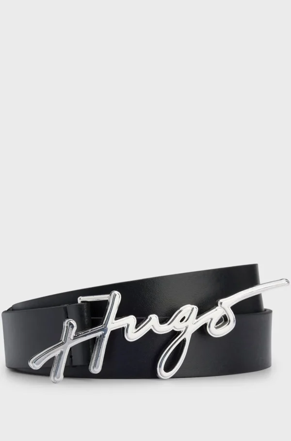 HUGO BOSS Bælte I Italiensk Læder Med Spænde Med Håndskrevet Logo Sort Flash Sale