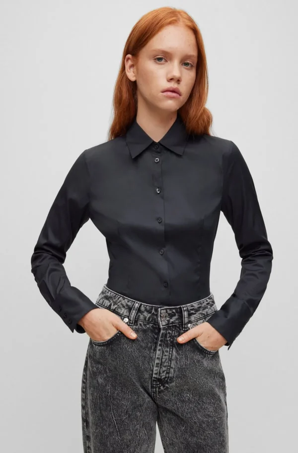 HUGO BOSS Bluse I Figursyet Pasform I Poplin, Der Er Nemt At Stryge Sort Online
