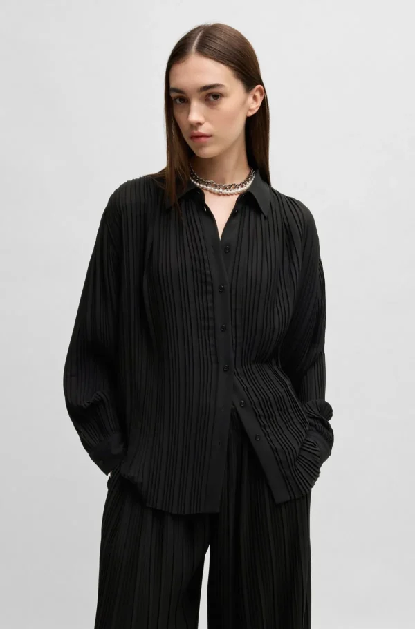 HUGO BOSS Bluse Med Regular Fit I Plissécrepe Sort New