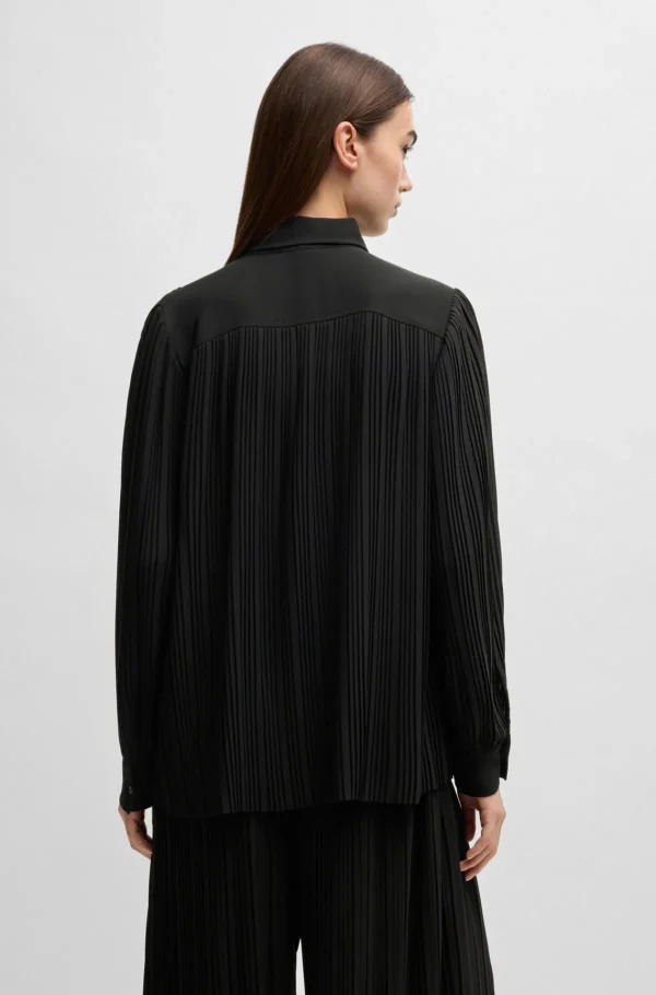 HUGO BOSS Bluse Med Regular Fit I Plissécrepe Sort New