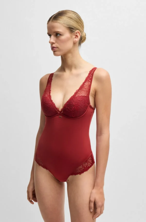 HUGO BOSS Bodysuit Med Blonder Og Logo Mørkerød Store