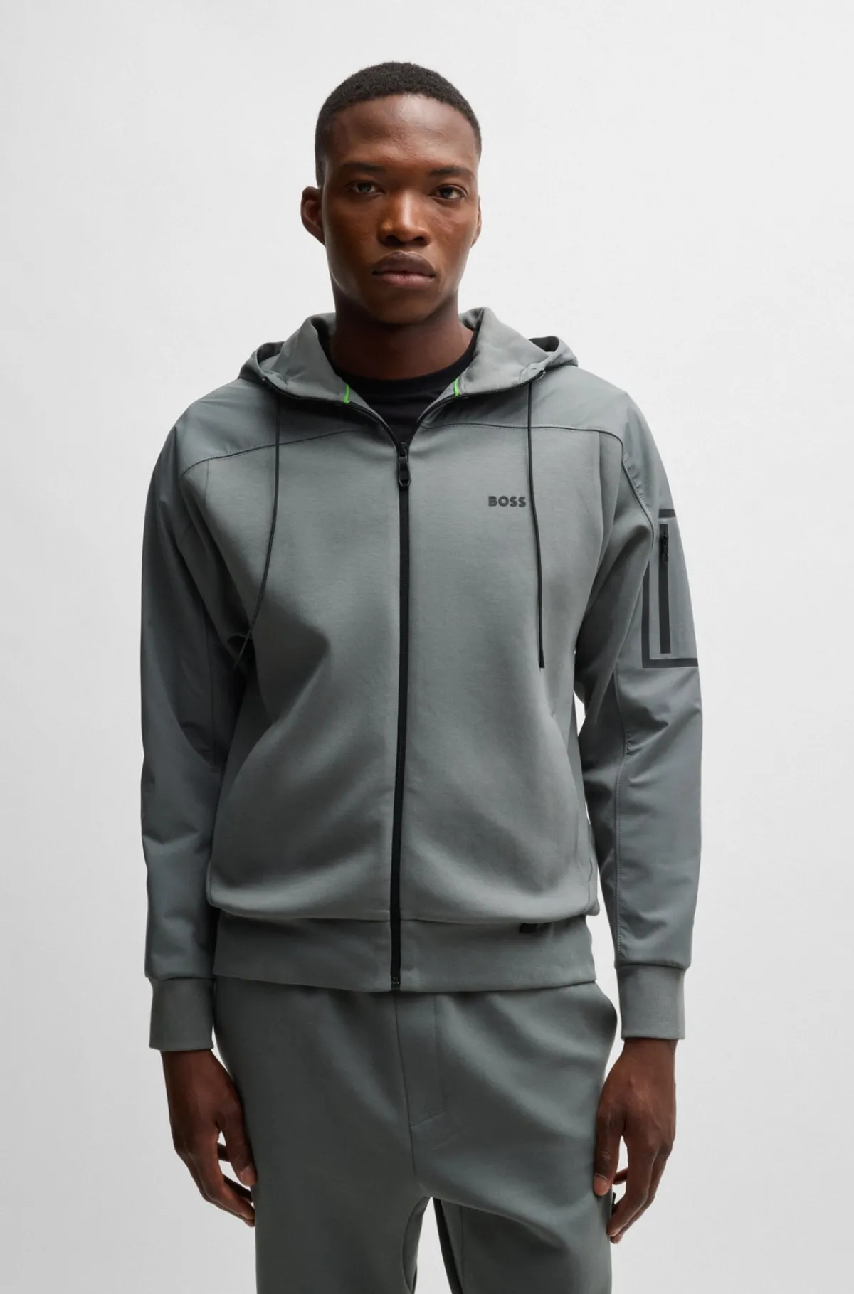 HUGO BOSS Bomuldsblandet Hættetrøje Med Lynlås Og Dekorativt, Reflekterende Logo Grå Best