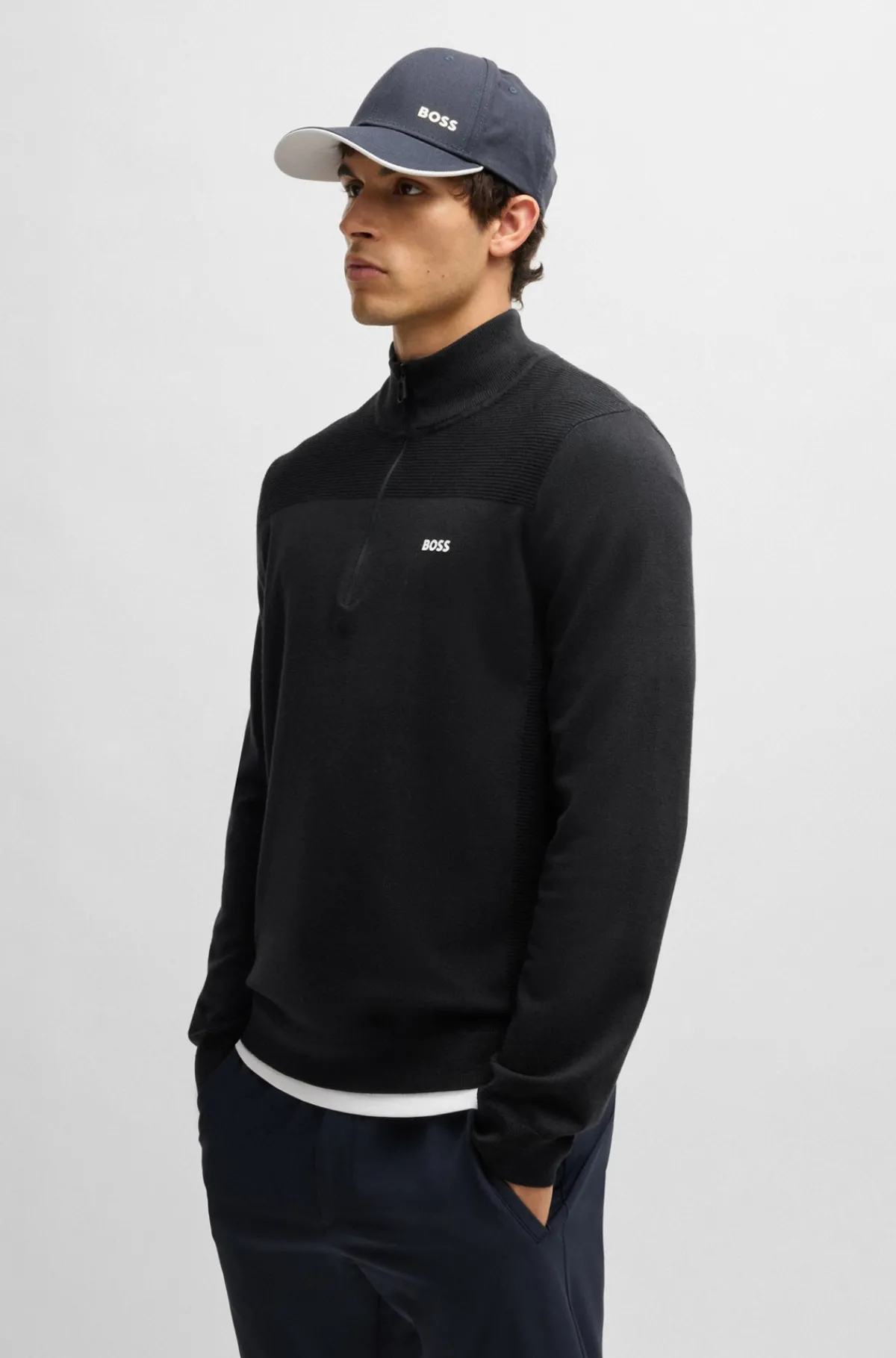 HUGO BOSS Brandet Sweater Med Lynlås I Halsen I Dry-flexstof Mørkeblå New