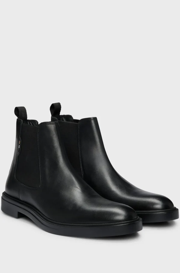 HUGO BOSS Chelsea-støvler I Læder Med Signaturstribe Sort Outlet