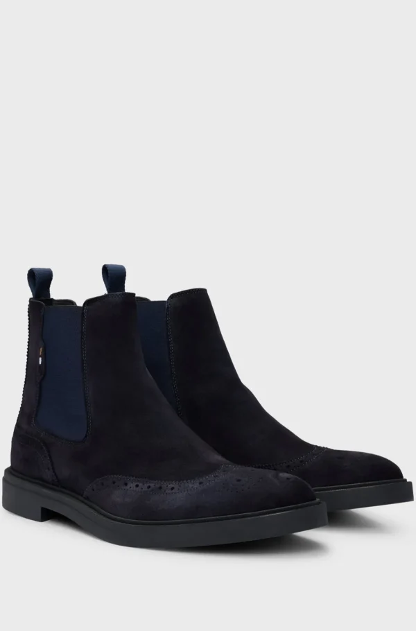 HUGO BOSS Chelseastøvler I Ruskind Med Broguedetaljer Mørkeblå Discount