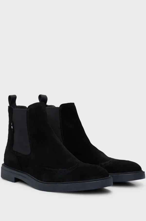 HUGO BOSS Chelseastøvler I Ruskind Med Broguedetaljer Sort Discount