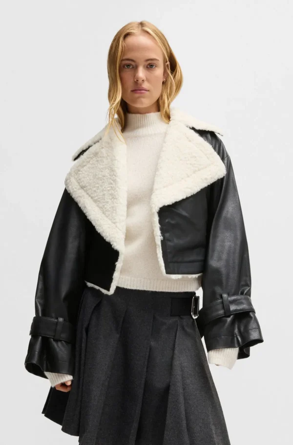 HUGO BOSS Cropped Jakke Med Relaxed Fit I Imiteret Læder Sort Outlet