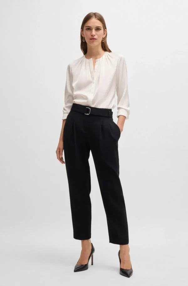 HUGO BOSS Dameskjorte Med Rynket Hals I Silke Crepe De Chine Med Stræk Hvid Shop