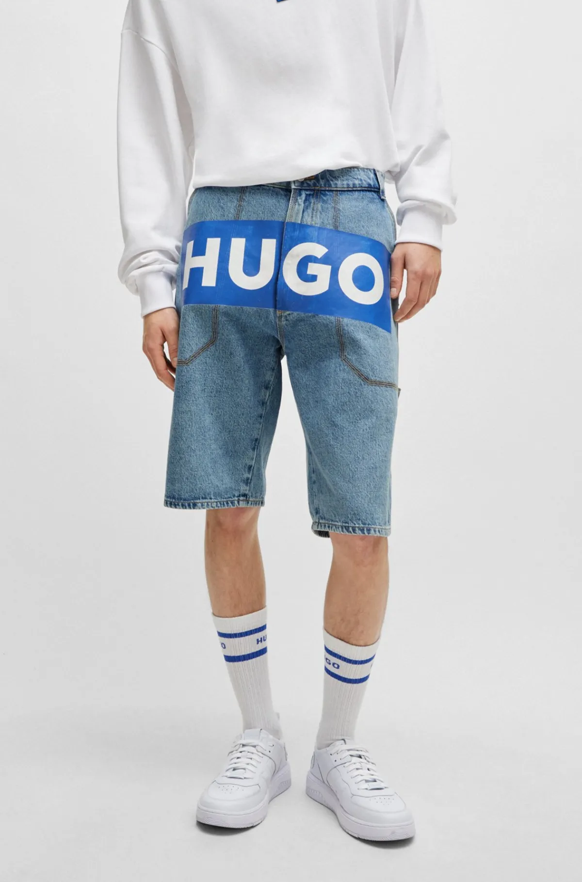HUGO BOSS Denimshorts Med Logoprint Blå Best Sale