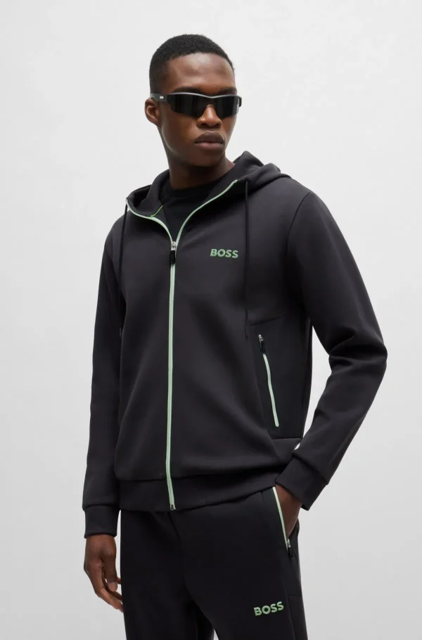 HUGO BOSS Hættetrøje Bomuldsblanding Med Lynlås Og 3D-støbt Logo Mørkegrå Hot