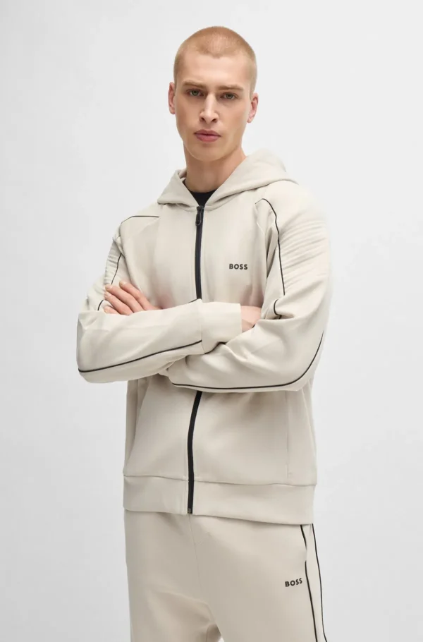 HUGO BOSS Hættetrøje I Bomuld Med Stræk Og Lynlås Samt Grafisk Prægning Lys beige Fashion