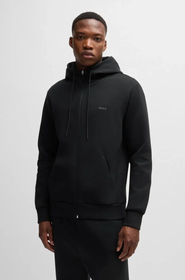 HUGO BOSS Hættetrøje Med Lynlås I Bomuld Med Stræk Og Logoprint Sort Sale