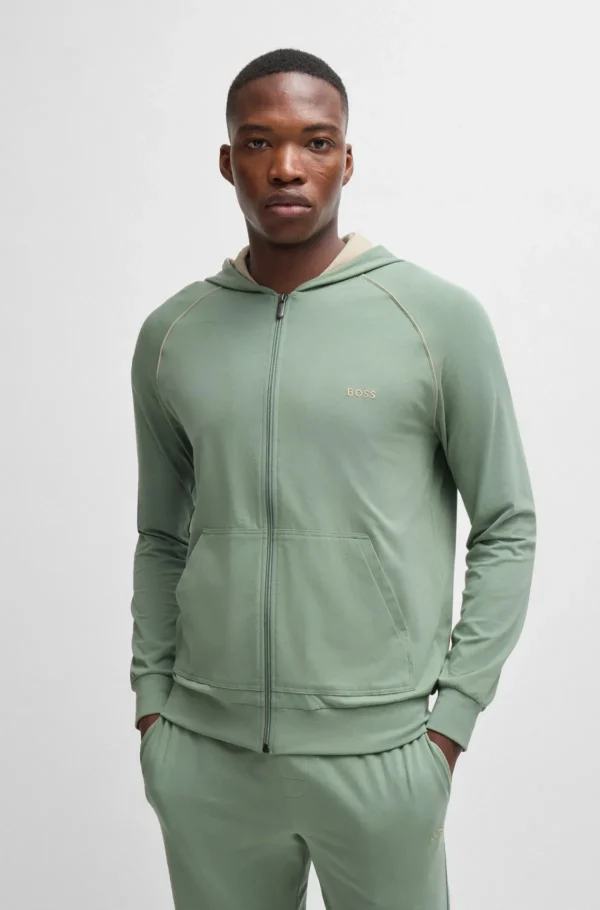 HUGO BOSS Hættetrøje Med Lynlås Og Broderet Logo I Bomuld Med Stræk Lysegrøn Discount