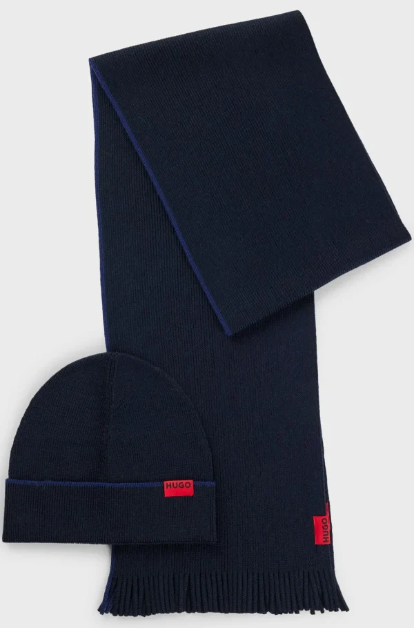 HUGO BOSS Hue- Og Tørklædesæt Med Logomærkater I Uldmateriale Mørkeblå Best