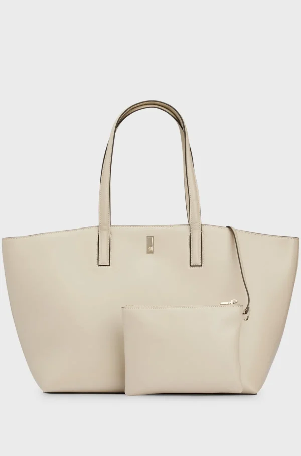 HUGO BOSS Indkøbstaske I Læder Med Signaturmetal Lys beige New