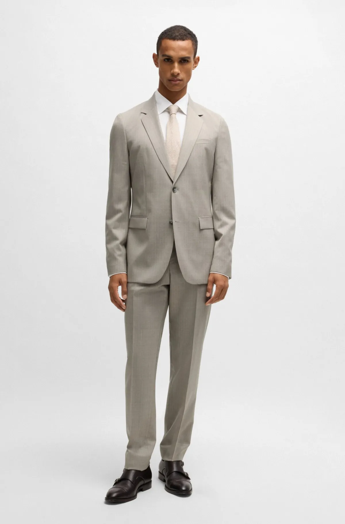 HUGO BOSS Jakkesæt Med Slim Fit I Nålestribet Ny Uld Beige mønstret Clearance