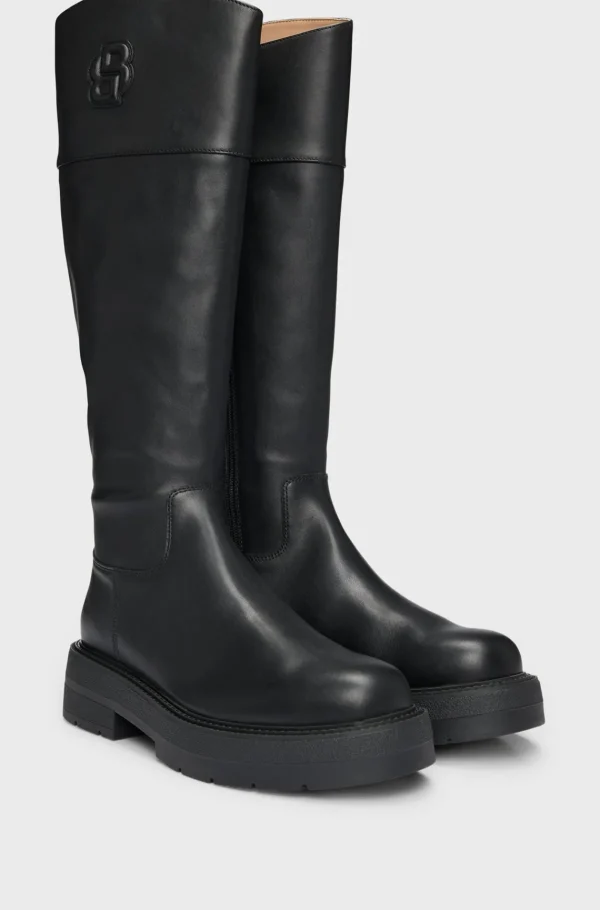 HUGO BOSS Knæhøje Læderstøvler Med Polstret Dobbelt B-monogram Sort Shop