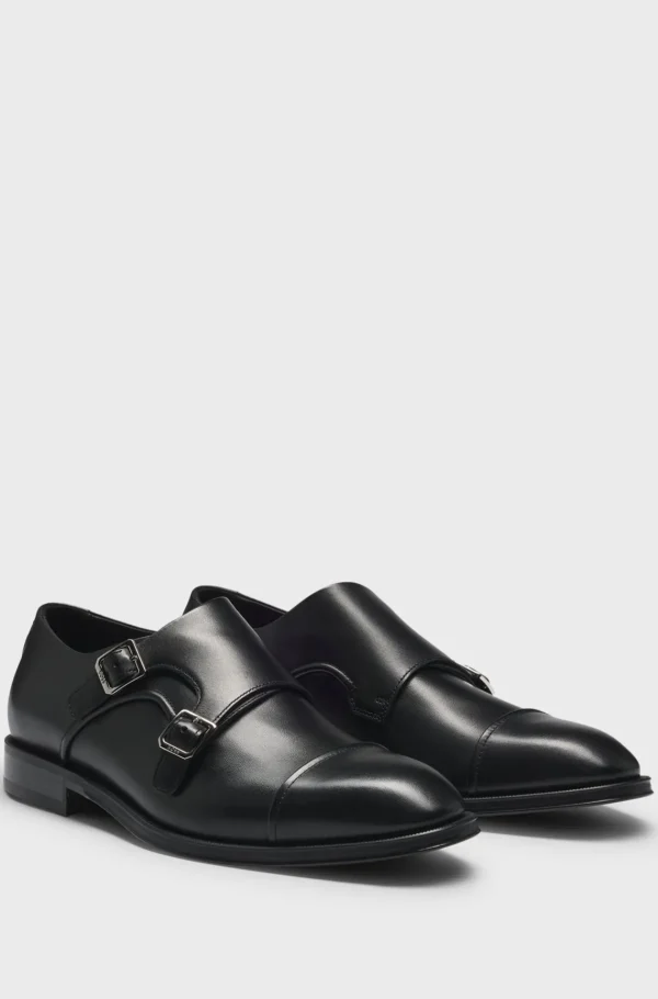 HUGO BOSS Lædersko Med Tåkappe Og To Spænder Sort Discount