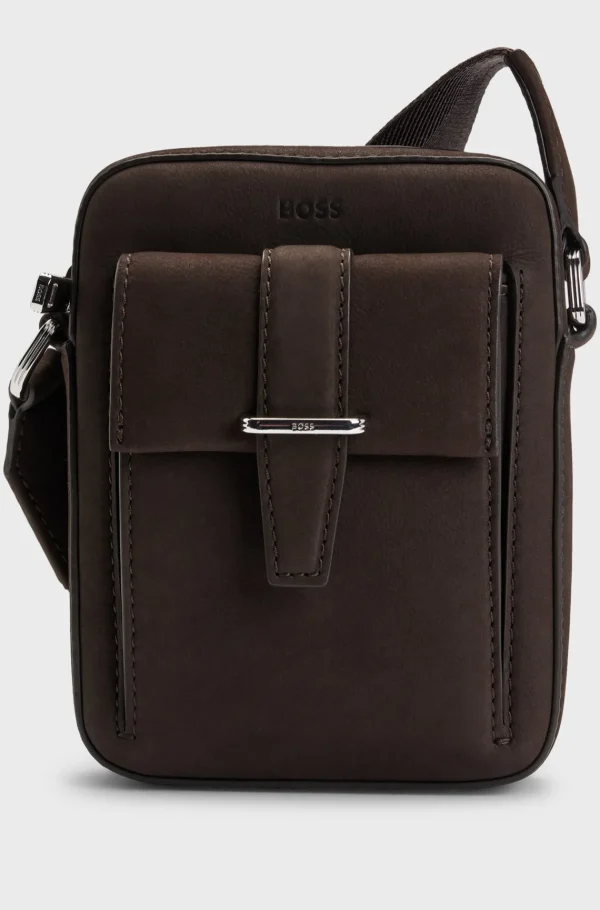HUGO BOSS Læderskuldertaske Med Brandede Detaljer Mørkebrun Online