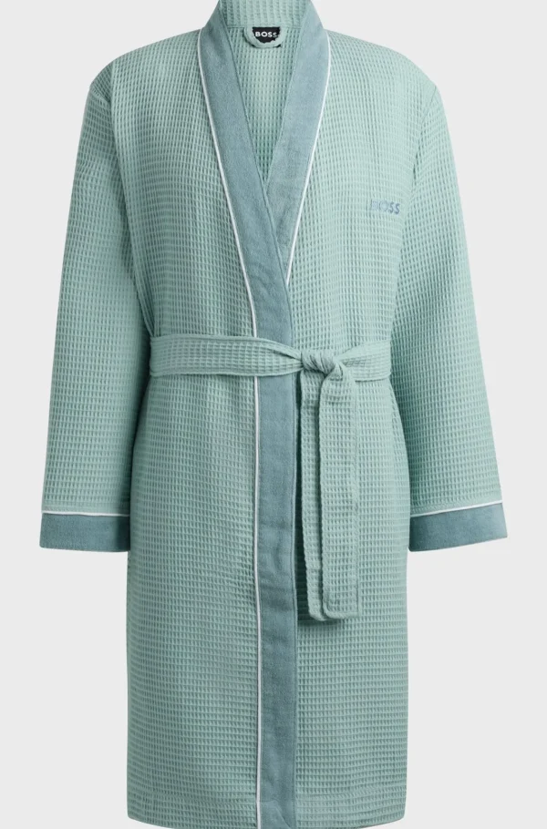 HUGO BOSS Morgenkåbe I Vaflet Bomuld Med Frottédetaljer I Kontrastfarve Lysegrøn Best Sale