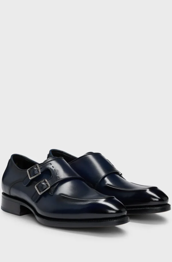 HUGO BOSS Munkesko I Læder Med Dobbeltrem Og Detaljer Ved Hælen Mørkeblå Fashion