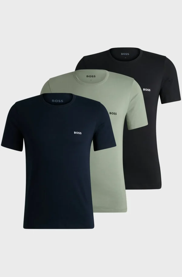 HUGO BOSS Pakke Med Tre T-shirtundertrøjer I Bomuld Med Broderede Logoer Sort / Grøn / Blå Discount