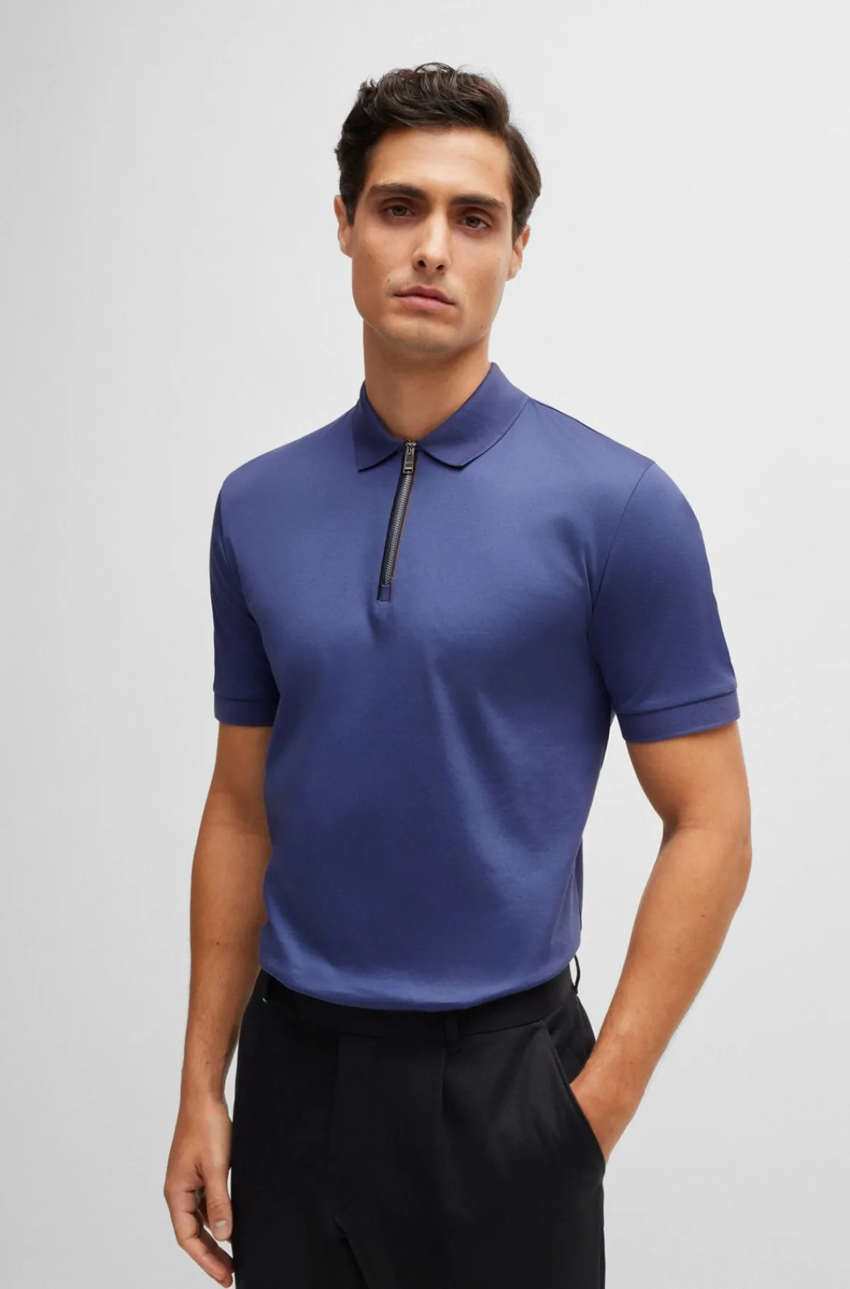 HUGO BOSS Poloshirt Af Merceriseret Bomuld Med Slim Fit Og Lynlås I Stolpen Blå Best Sale