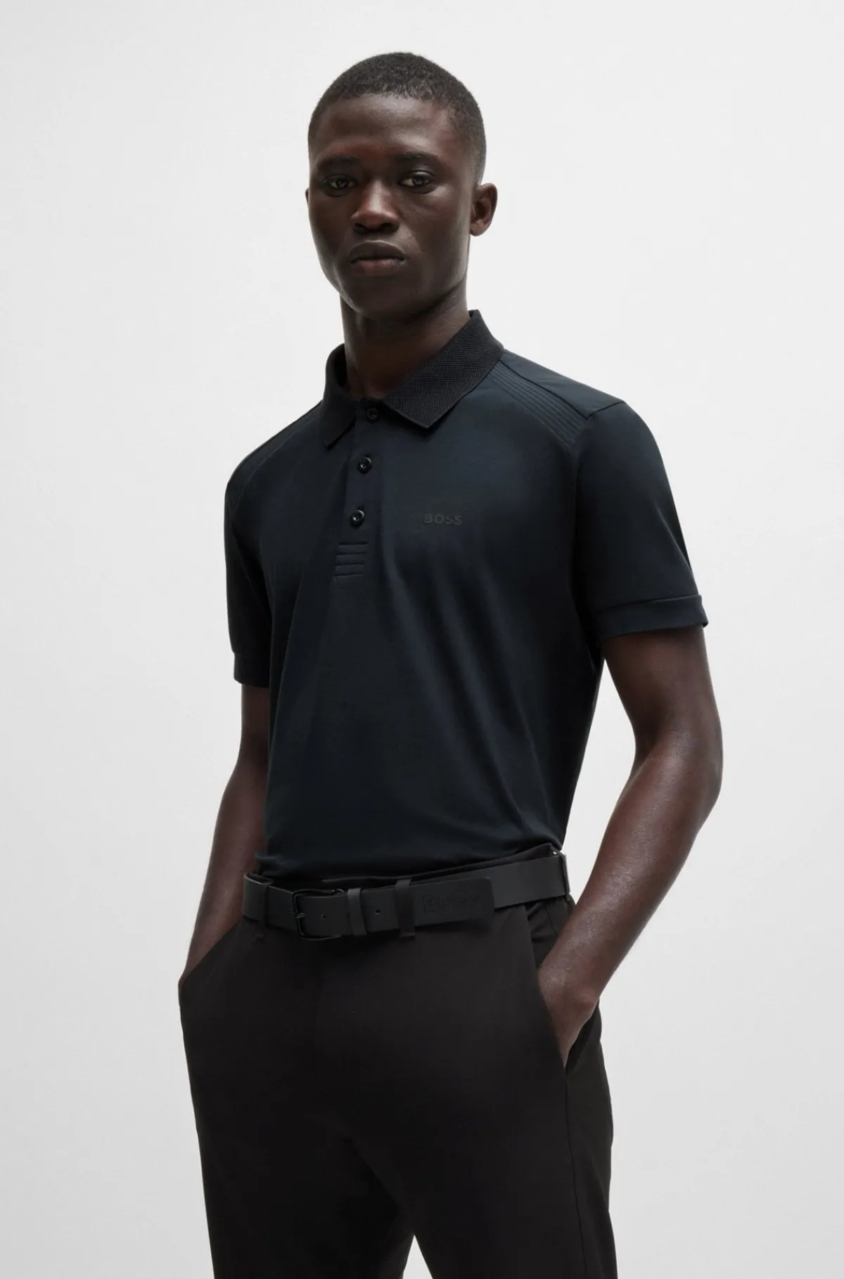 HUGO BOSS Poloshirt I Bomuld Med Stræk Og Indsatser Af Stribet Bånd Mørkeblå Outlet
