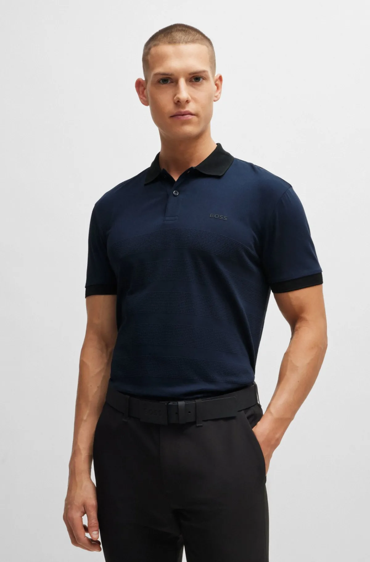 HUGO BOSS Poloshirt I Bomuld Med Strukturstriber Mørkeblå Online