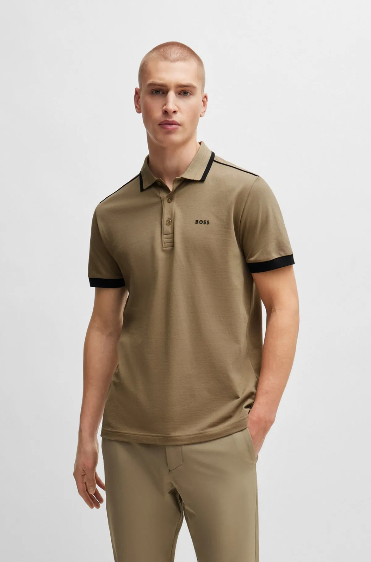 HUGO BOSS Poloshirt I Bomuldspiqué Med Kontraststriber Og Logo Lysebrun New