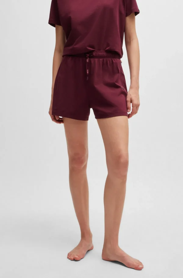 HUGO BOSS Pyjamasshorts I Bomuld Med Stræk, Logoprint Og Løbesnor Mørkerød Sale