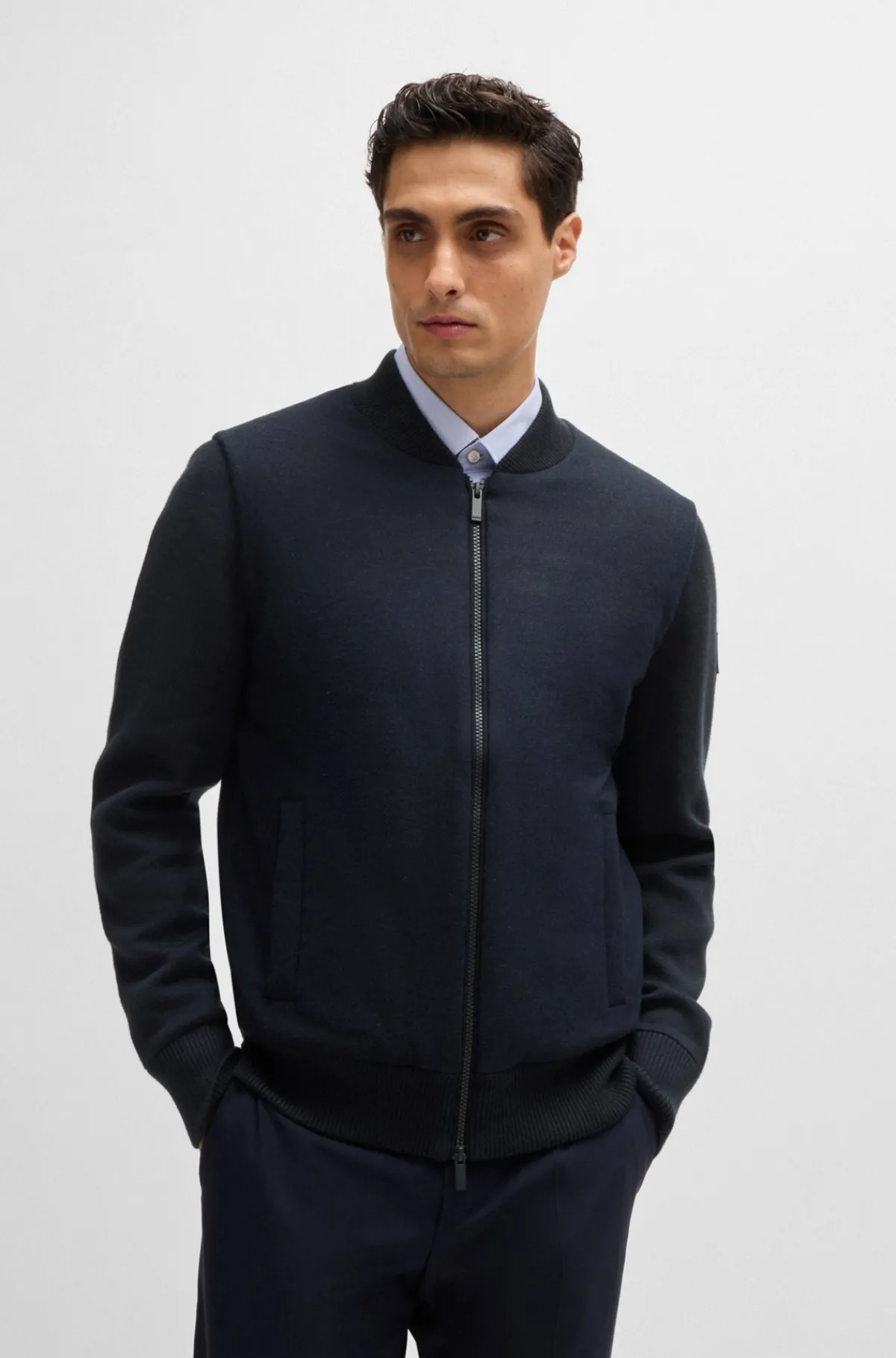 HUGO BOSS Regular Fit Jakke Med Lynlås Og Vatteret Panel Foran Mørkeblå Sale