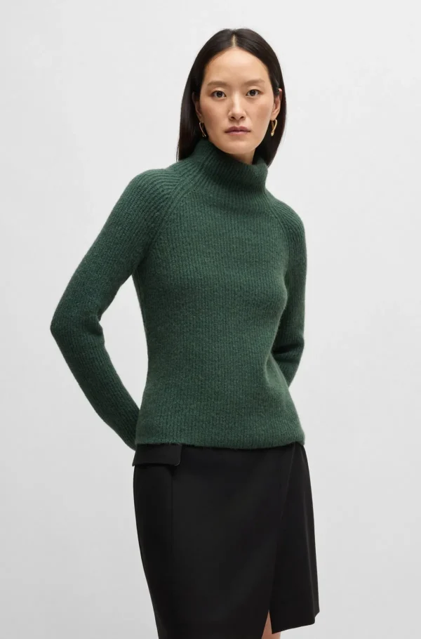 HUGO BOSS Regular Fit Ribstrikket Sweater Med Skorstenskrave Mørkegrøn Clearance