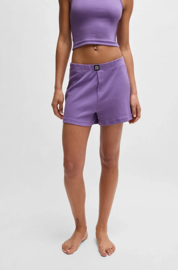 HUGO BOSS Ribstrikkede Pyjamasshorts I Bomuld Med Stræk Og Stablet Logo Lilla New