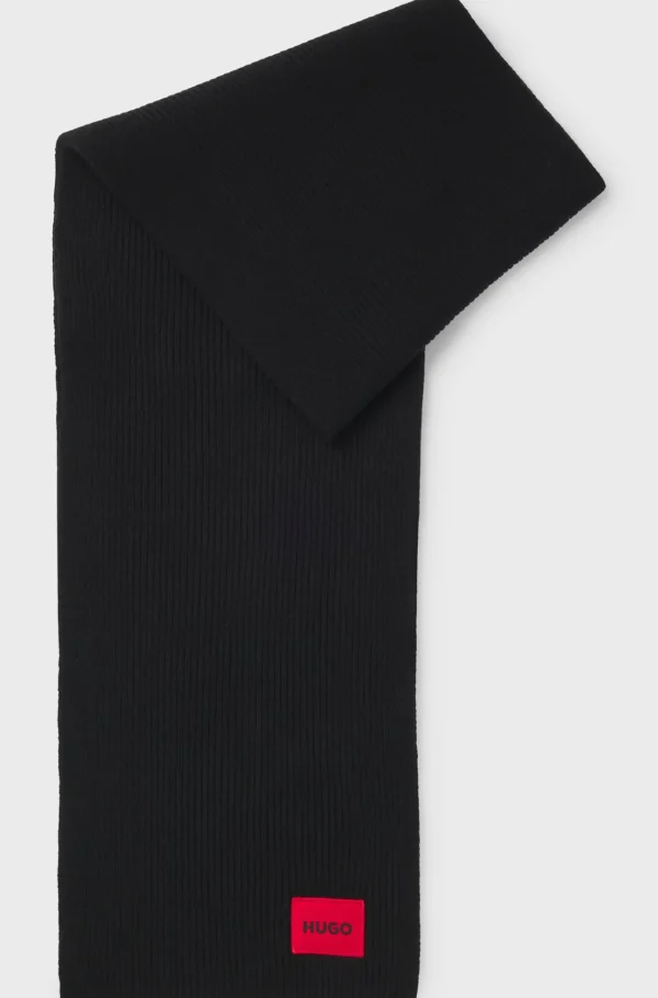 HUGO BOSS Ribstrikket Halstørklæde I Uldblanding Med Rødt Logomærkat Sort New