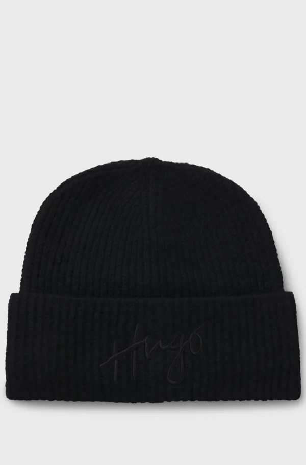 HUGO BOSS Ribstrikket Hue Med Broderet Håndskrevet Logo Sort Best Sale