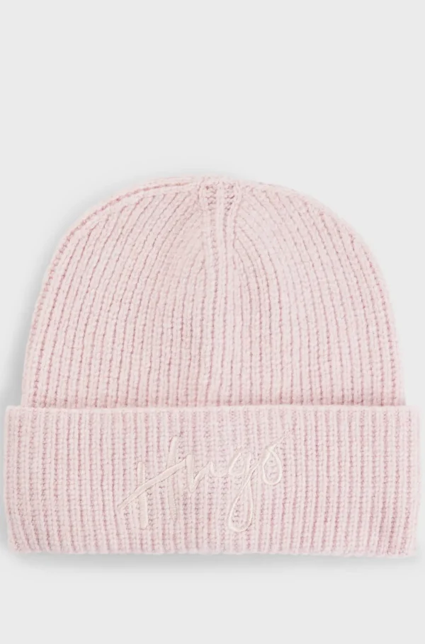 HUGO BOSS Ribstrikket Hue Med Broderet Håndskrevet Logo Lys pink Store