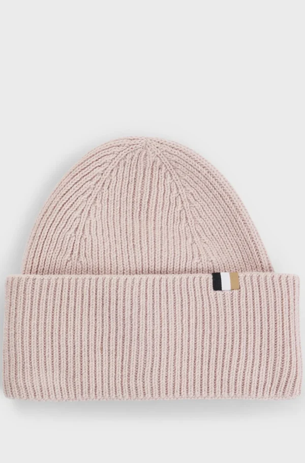 HUGO BOSS Ribstrikket Hue Med Signaturstribet Kant Lys pink Cheap