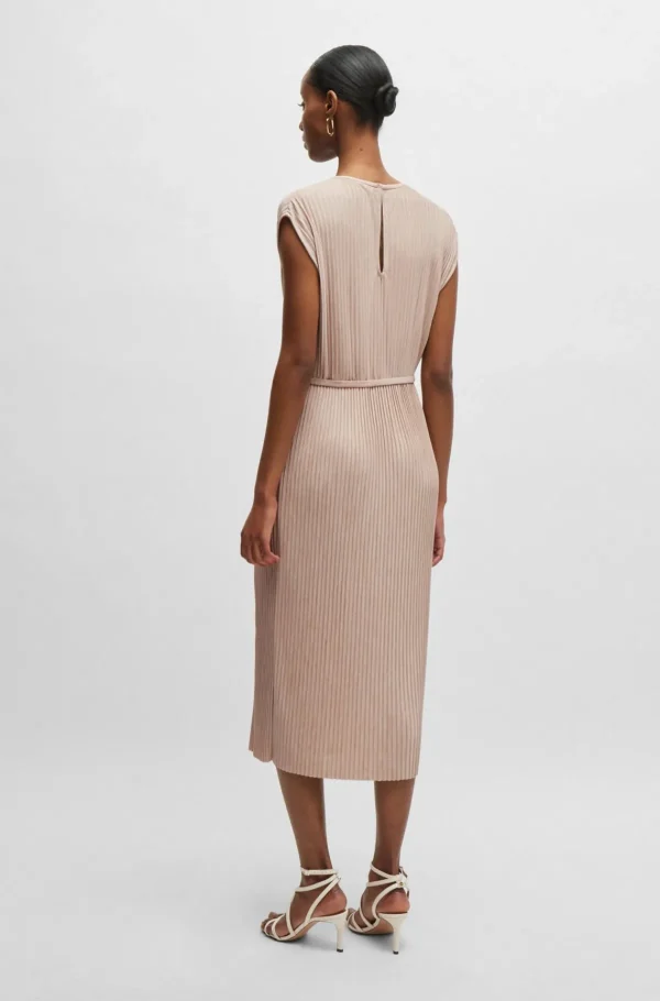 HUGO BOSS Ærmeløs Kjole I Glansfuldt Plisseret Stof Med Bælte Lys beige Best Sale