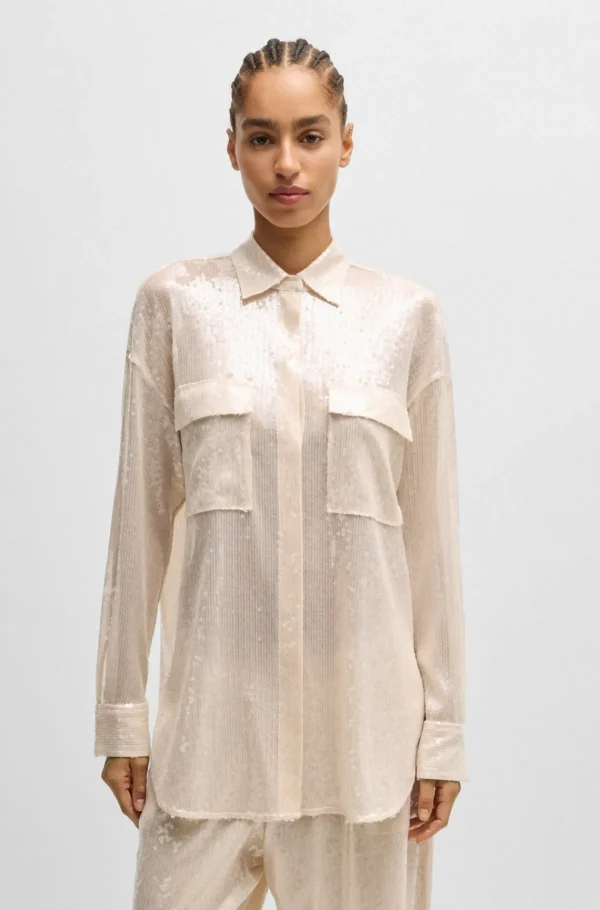HUGO BOSS Skjorte Med Relaxed Fit, Pailletter Og Krave Med Spidse Flipper Lys beige Fashion