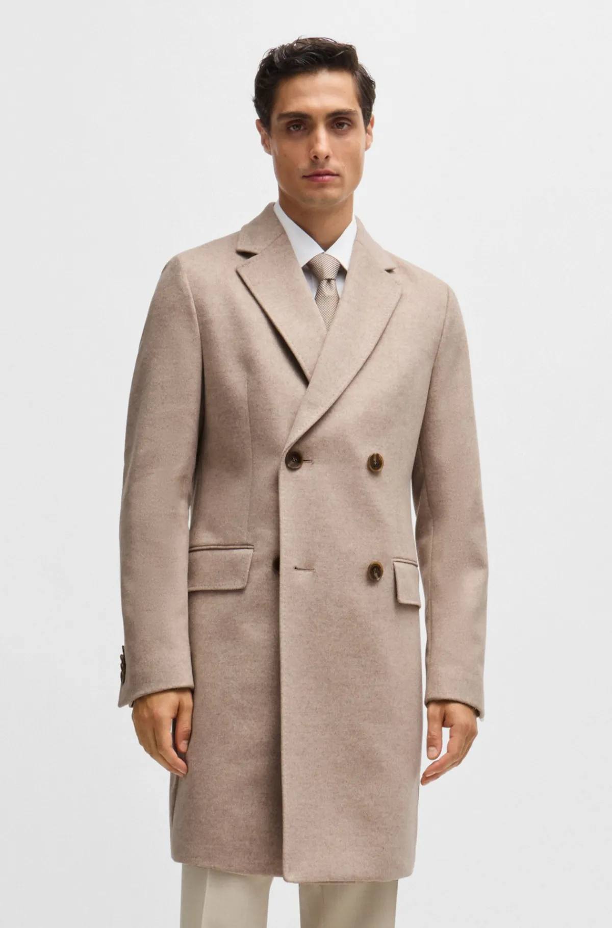 HUGO BOSS Slim Fit Frakke I En Uldblanding Med Kashmir Lysebrun Shop