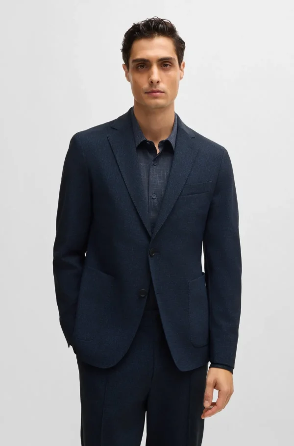 HUGO BOSS Slim Fit Jakke I Mikromønstret Stof Med Performance-stræk Mørkeblå Sale